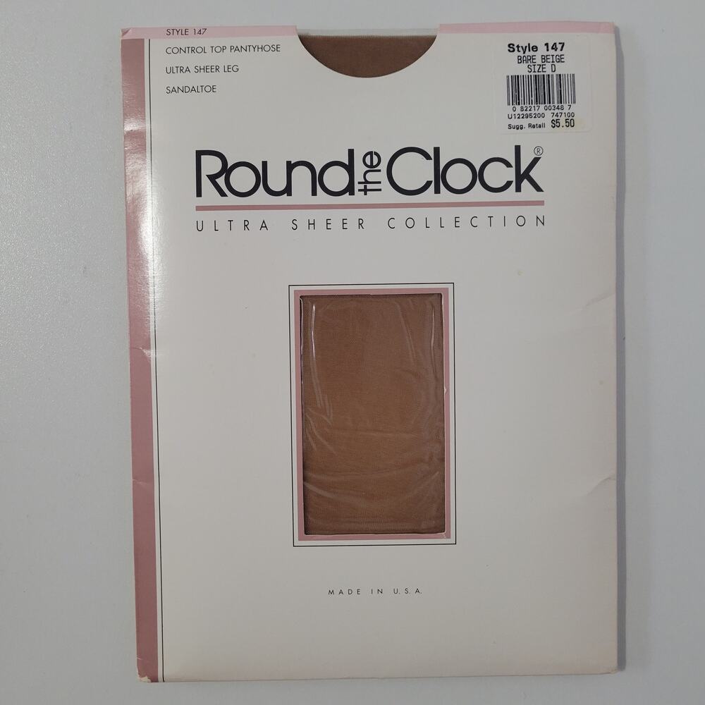 Vtg 1990 Round The Clock Ultra Sheer Control Top Pantyhose sz D Bare Beige #147